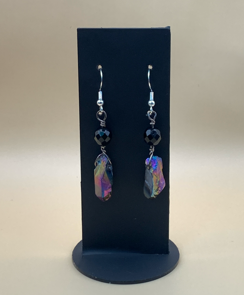 Pair of Nocturnal Tide aqua aura quartz dangle earrings handcrafted by Carly