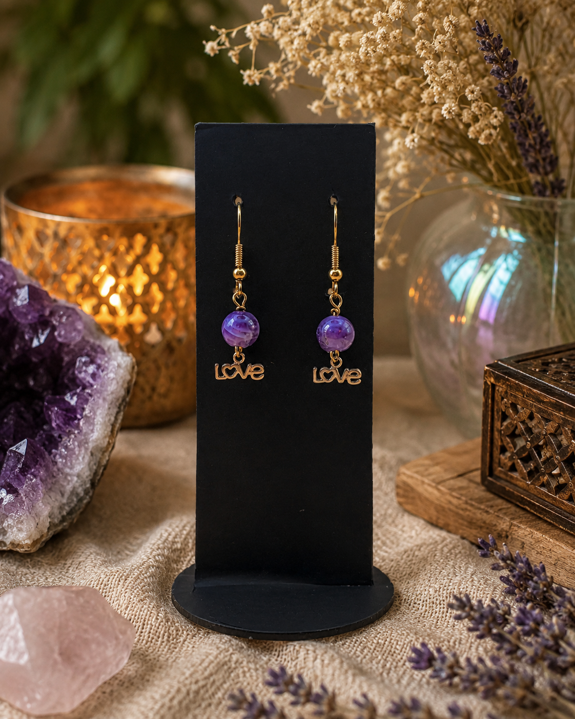 Close-up of Twilight purple agate earrings and sterling silver hooks